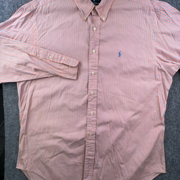 Ralph Lauren Button Up Shirt Long Sleeve Cotton 17 34/35 Orange Striped Classic - Picture 9 of 11
